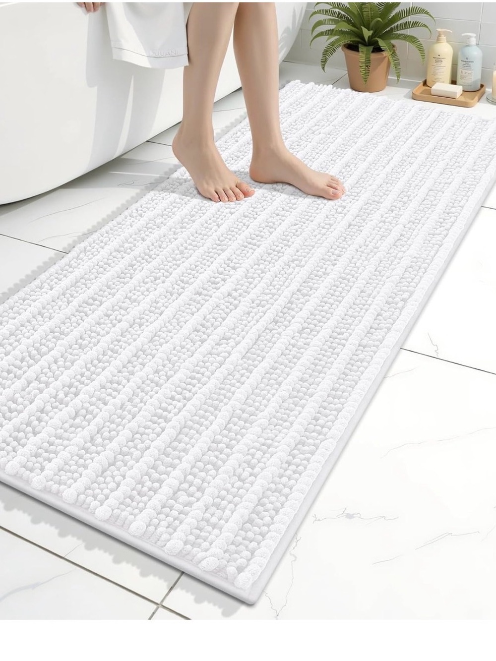 NWT White Chenille Bath Mat - Soft Absorbent Non-Slip 47x20" White Rectangle
